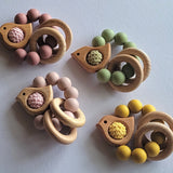 Silicone + Beech Teether Ring With Crochet - Bird