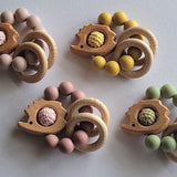 Silicone + Beech Teether Ring With Crochet - Hedgehog