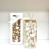 Glass Tumbler with Straw - Geese & Daisies