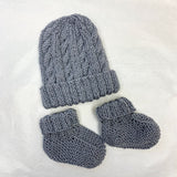 100% Wool Newborn Hat + Bootie Set - Blue/Grey A58