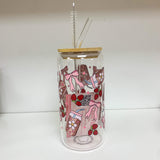 Glass Tumbler with Straw - Iced Drink, Strawberries + Bows
