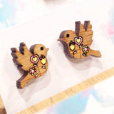 Wooden Hand Painted Floral Bird Stud Earrings