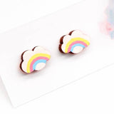 Hand Painted Laser Cut Bamboo Rainbow Cloud Clip On Earrings