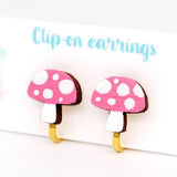 Hand Painted Laser Cut Bamboo Pink Mushroom with White Spots Clip On Earrings