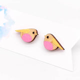 Wooden Hand Painted Robin Clip On Earrings