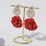 Red Flower + Crystal Charm Post/Handmade Clay Earrings
