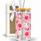 Glass Tumbler with Straw - Happy Daisies