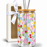 Glass Tumbler with Straw - Colourful Bloom