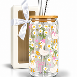 Glass Tumbler with Straw - Geese & Daisies