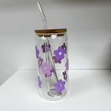 Glass Tumbler with Straw - Purple /Lilac Daisies
