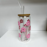 Glass Tumbler with Straw - Pink Daisies