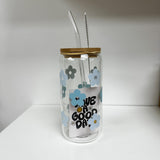 Glass Tumbler with Straw - Blue/Light Blue Daisies