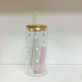 Glass Tumbler with Straw - Mint Hearts