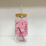 Glass Tumbler with Straw -Pink Flower Hearts