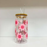 Glass Tumbler with Straw - Pink Daisy / Flowers