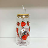 Glass Tumbler with Straw - Daisies  and Strawberries