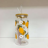 Glass Tumbler with Straw - Lemon/Daises