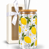 Glass Tumbler with Straw -Lemons + Daisies