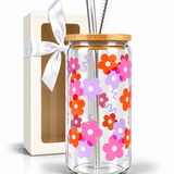 Glass Tumbler with Straw -Flower Power