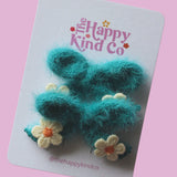 Fluffy Pigtail Bow Clips - Teal