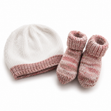 Handknitted Wool Hat + Booties Pink/White
