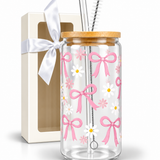 Glass Tumbler with Straw - Daisy Bow Tumbler