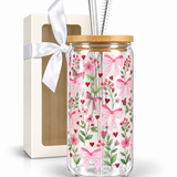 Glass Tumbler with Straw -Floral Bouquet
