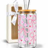 Glass Tumbler with Straw -Girly Bow