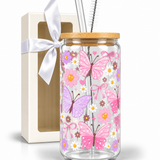Glass Tumbler with Straw -Spring Butterfly