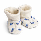 Cotton Waffle Merino Booties- Blue Flower 0-6M
