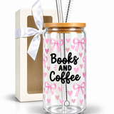 Glass Tumbler with Straw - Books, Bows & Coffee