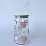 Glass Tumbler with Straw - Peachy Flowers