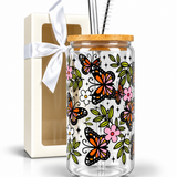 Glass Tumbler with Straw - Monarch Butterfly