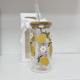 Glass Tumbler with Straw -Lemons + Daisies