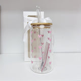 Glass Tumbler with Straw -Pink Hearts