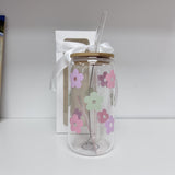 Glass Tumbler with Straw -Daisies Mint/Purple/Pink