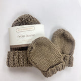 Hand Knitted Merino Blend Prem Beanie with Mittens - Brown