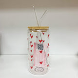 Glass Tumbler with Straw - Red Hearts