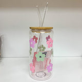 Glass Tumbler with Straw - Daisy Mint/Pink + Lavender