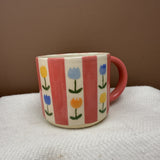 Handmade/Hand Painted Pottery Mug - Tulips + Stripes