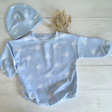 Jumper Romper in Blue Palm with Beanie