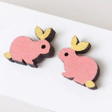 Hand Painted Laser Cut  Bamboo Pink Rabbits Earrings