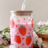 Glass Tumbler with Straw -Strawberries