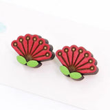 Hand Painted Laser Cut Pohutukawa Flower Earrings - Rimu Wood