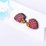 Hand Painted Laser Cut Bamboo Hedgehog Clip On Earrings