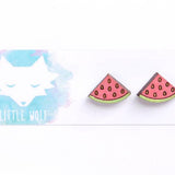 Hand Painted Laser Cut Bamboo Watermelon Stud Earrings