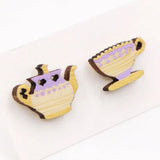 Hand Painted Laser Cut Bamboo Tea Cup + Teapot  Stud Earrings