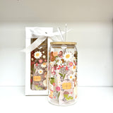 Glass Tumbler with Straw - Happy Garden