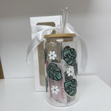 Glass Tumbler with Straw - Leaves + Daises