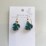 Mini Hoop Monstera Earrings - Emerald